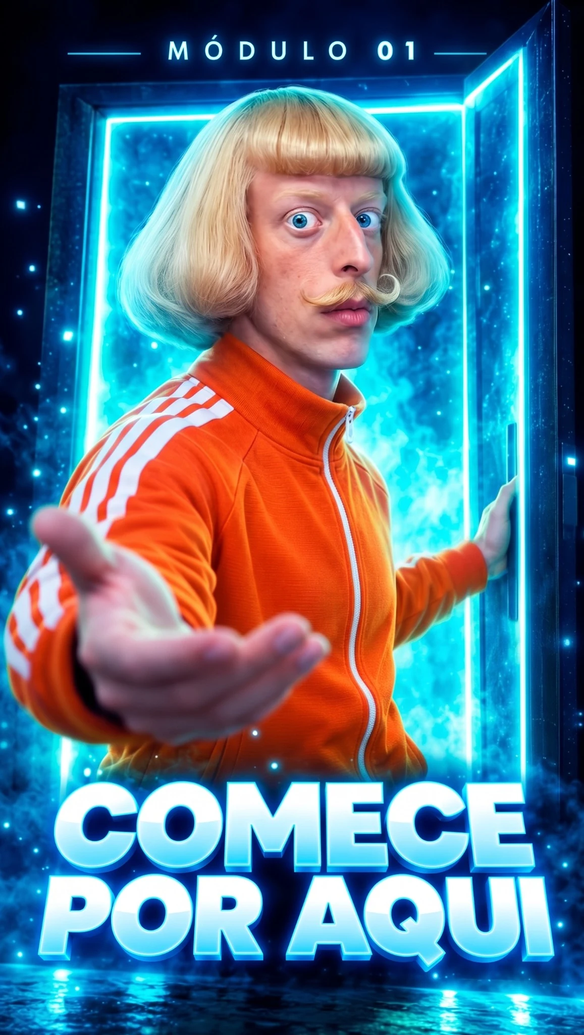 Capa Comece por Aqui com personagem de roupa laranja em portal azul