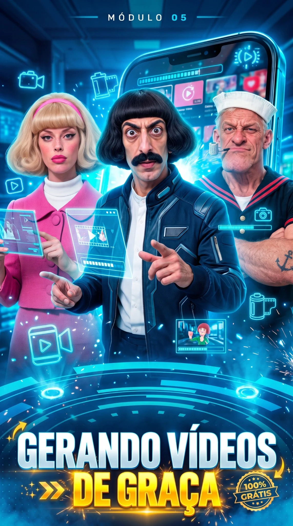 Capa Gerando Vídeos de Graça com personagens e interface digital